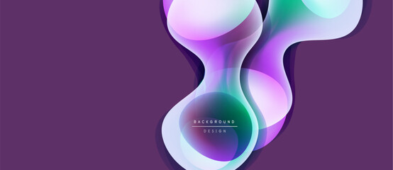Abstract fluid shapes overlap, creating vibrant color gradients. Purple background enhances dynamic design elements. Modern aesthetic.