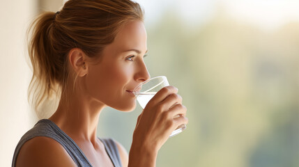 Woman drinking glass of water - hydration and healthy lifestyle.