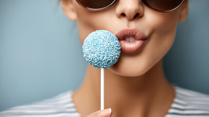 Woman holding blue lollipop near her lips, wearing sunglasses with a soft pastel background.