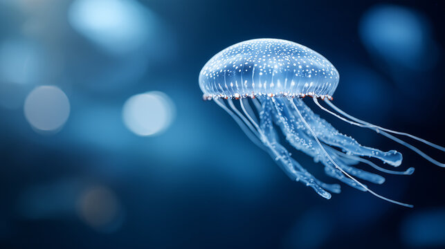 Translucent jellyfish gracefully swimming in the deep blue ocean.