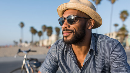 Confident black man enjoying a sunny day on the beach, in a straw hat, sunglasses and striped shirt, with a bike beside him and palm trees in the background.