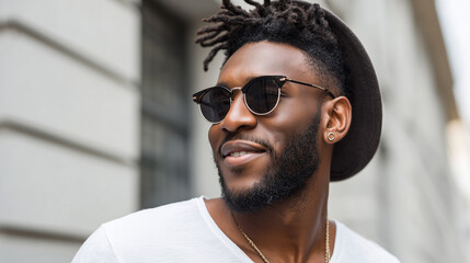 Stylish black man with sunglasses and hat smiles confidently in an urban background.