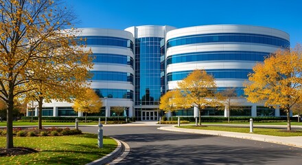 Modern office building with curved architecture and autumn trees in the foreground, showcasing a professional corporate environment on a clear day with blue sky