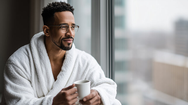 Man in a cozy white robe enjoys peaceful moment with a cup of coffee, gazing out the window in a modern city apartment. - Powered by Adobe