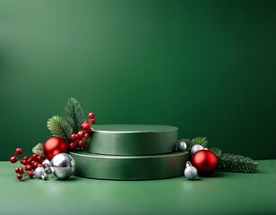 Empty green podiums on green background with silver and red ball decorations and holly branches with red berries. Christmas concept