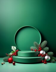 Empty green podiums on green background with silver and red ball decorations and holly branches with red berries. Christmas concept