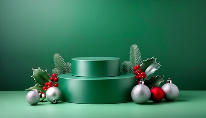 Empty green podiums on green background with silver and red ball decorations and holly branches with red berries. Christmas concept