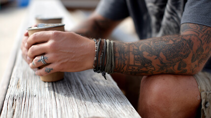 Close up of tattooed man's arms holding coffee cup captures relaxed lifestyle with detailed ink and bracelets.