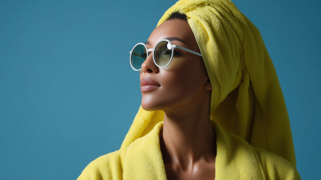 Stylish woman in yellow towel, bathrobe and sunglasses exudes confidence and relaxation with serene look against blue background.