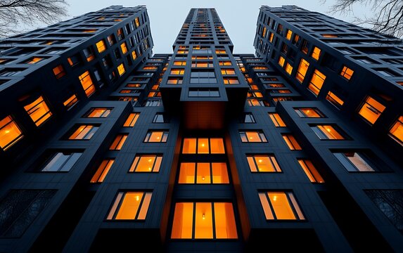 A low angle view of a modern building with glowing orange windows against the night sky