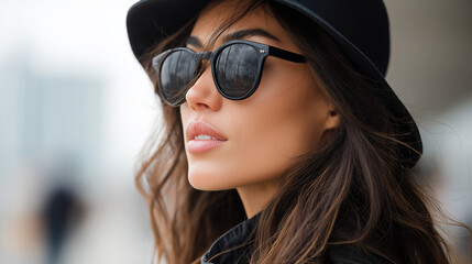 Fashionable woman with sunglasses and black hat gazes into the distance.