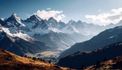 A vast mountain landscape featuring snow-covered peaks, a verdant valley with a small village, and rolling hills under a bright sky.