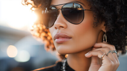 Stylish woman with curly hair and sunglasses enjoys a sunny moment.