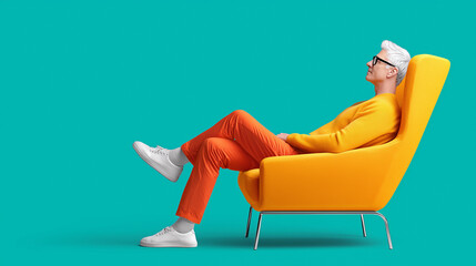 Man in vibrant orange pants and yellow sweater relaxes on a stylish yellow chair against a teal background.