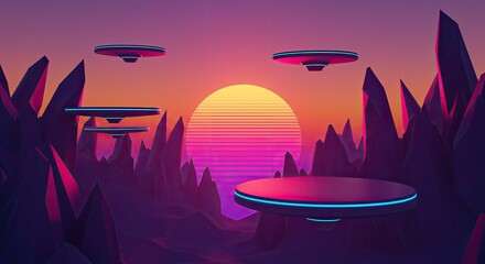 Abstract illustration of flying saucers and sun in a retro futuristic landscape
