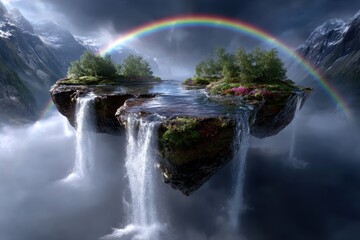 Floating islands with waterfalls and vibrant rainbow in a mystical landscape