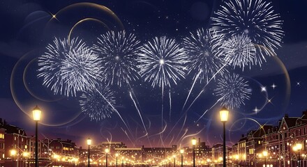 Festive night sky filled with fireworks above a city street