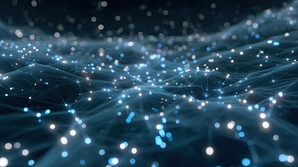 Obraz premium Futuristic abstract digital landscape with glowing particles and interconnected lines representing data flow and technology concepts in a dark background