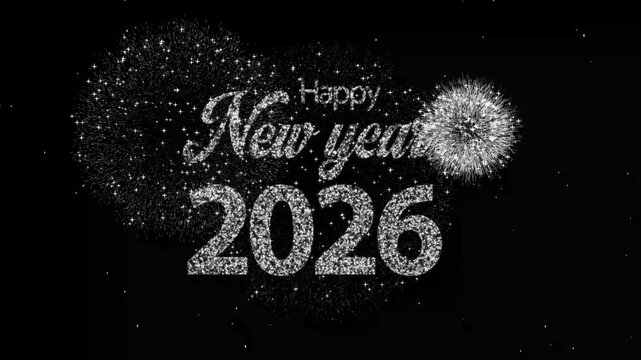 Happy New Year 2026 Celebration 4k video with Fireworks, snowfall and lighting sparkle,  Animated midnight happy new year 2026 Social Media Wishes, Greetings, firecracker new year's eve.
