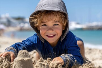Child builds sandcastles on a sunny beach with bright blue skies and gentle waves