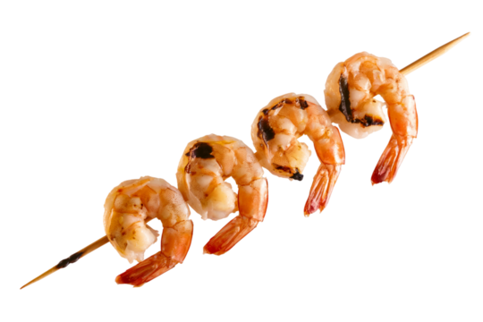 four delicious grilled shrimp skewer with wooden stick.  . Isolated on transparent background, png