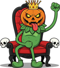 Cartoon pumpkin head king sitting on throne with crown and skulls, spooky Halloween character vector illustration for horror fantasy stock
