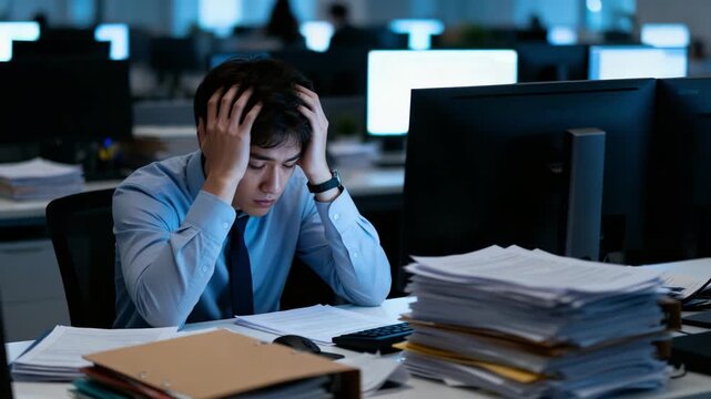 Stressful nighttime office scene with exhausted analyst and looming