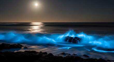 A serene night scene over the ocean with glowing waves illuminated by bioluminescence under a bright moonlit sky
