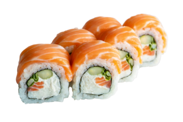 close up shot of a delicious sushi roll ready to be served . Isolated on transparent background, png