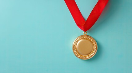 Shiny gold medal with red ribbon displayed on a vibrant blue background symbolizing achievement, victory, and recognition in various competitive fields.