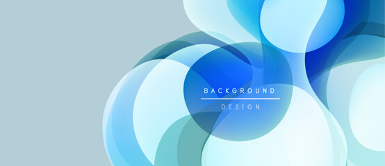 Abstract blue design. Overlapping circles create dynamic, flowing shapes. Light gradients suggest depth, modern aesthetic.