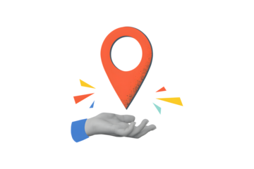 Black and white hand holding a red location pin. Modern collage style isolated on a white background