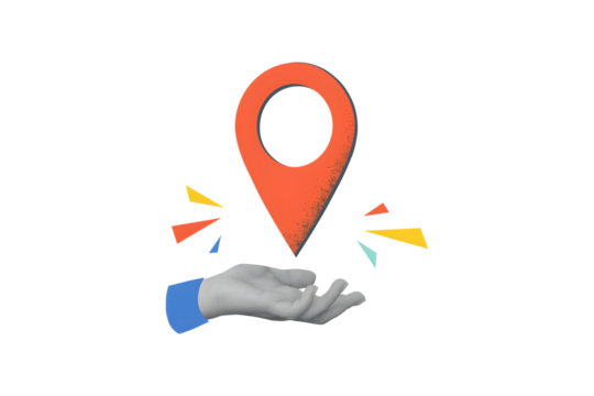 Black and white hand holding a red location pin. Modern collage style isolated on a white background