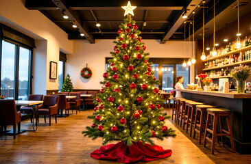 Christmas tree adorned with red glass balls and a star on top, illuminated with warm lights, stands in the middle of a cozy cafe, creating a festive atmosphere for holiday pastime