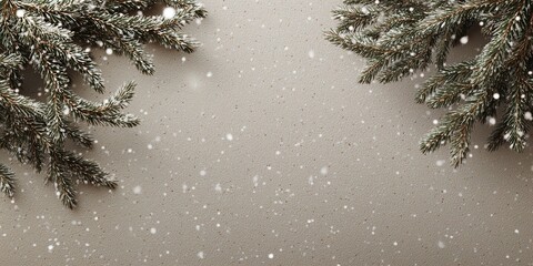 Minimalist Christmas Background with Snow-Dusted Pine Boughs on Textured Surface