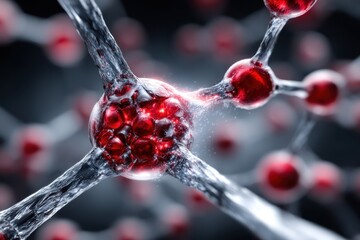 Molecular structure of interconnecting atoms with vibrant red and clear designs