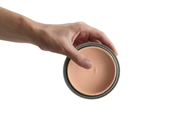 human hand holding an open paint can . Isolated on transparent background, png