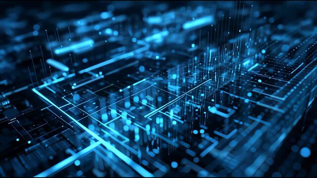 Abstract blue digital network grid with glowing lines and particles representing data flow and connectivity in a futuristic technology concept - Powered by Adobe