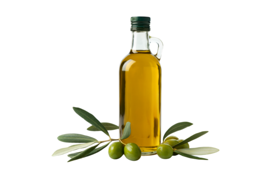 olive oil bottle with olive branch and fresh olives . Isolated on transparent background, png - Powered by Adobe