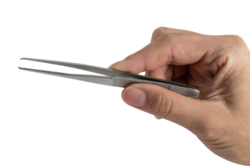 hand holding surgical tweezers . Isolated on transparent background, png