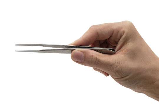 hand holding stainless steel tweezer . Isolated on transparent background, png - Powered by Adobe