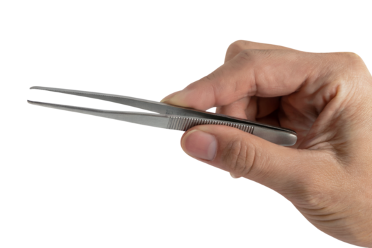 hand holding surgical tweezers . Isolated on transparent background, png