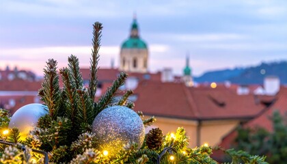 Sparkling Christmas ornaments on evergreen branches with warm lights, set against the sunrise over the red rooftops and green domes of historic Prague. Cheerful festive composition ideal for holiday m