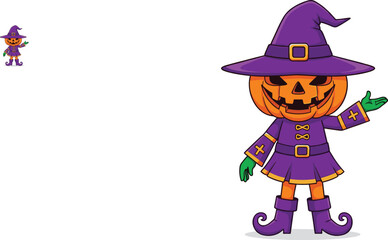 Cartoon pumpkin head witch character in purple costume with hat, jack o lantern face, spooky Halloween vector illustration for stock design