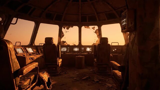 Abandoned command bridge interior in massive airship. Derelict control panels and seats amid shattered windows with sunset glow. Exploration footage of futuristic derelict vessel.