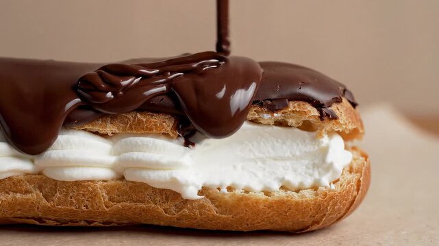 An &eacute;clair is being topped with melted chocolate with creamy filling showing
