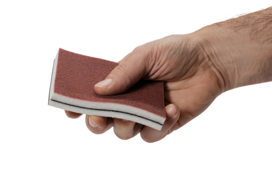 hand holding a sanding block, ready for action . Isolated on transparent background, png