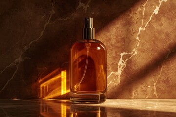A perfume bottle placed on a brown marble background. shadows fall and shine in the sunlight.
