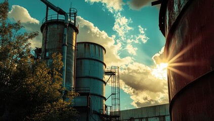 Dramatic sunset light illuminates old industrial silos and factory buildings under a vibrant teal sky with golden clouds and sun rays.