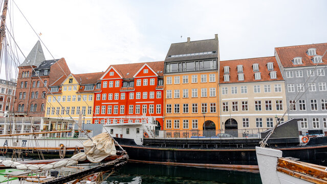 Scenic view of colorful Nyhavn buildings in Copenhagen